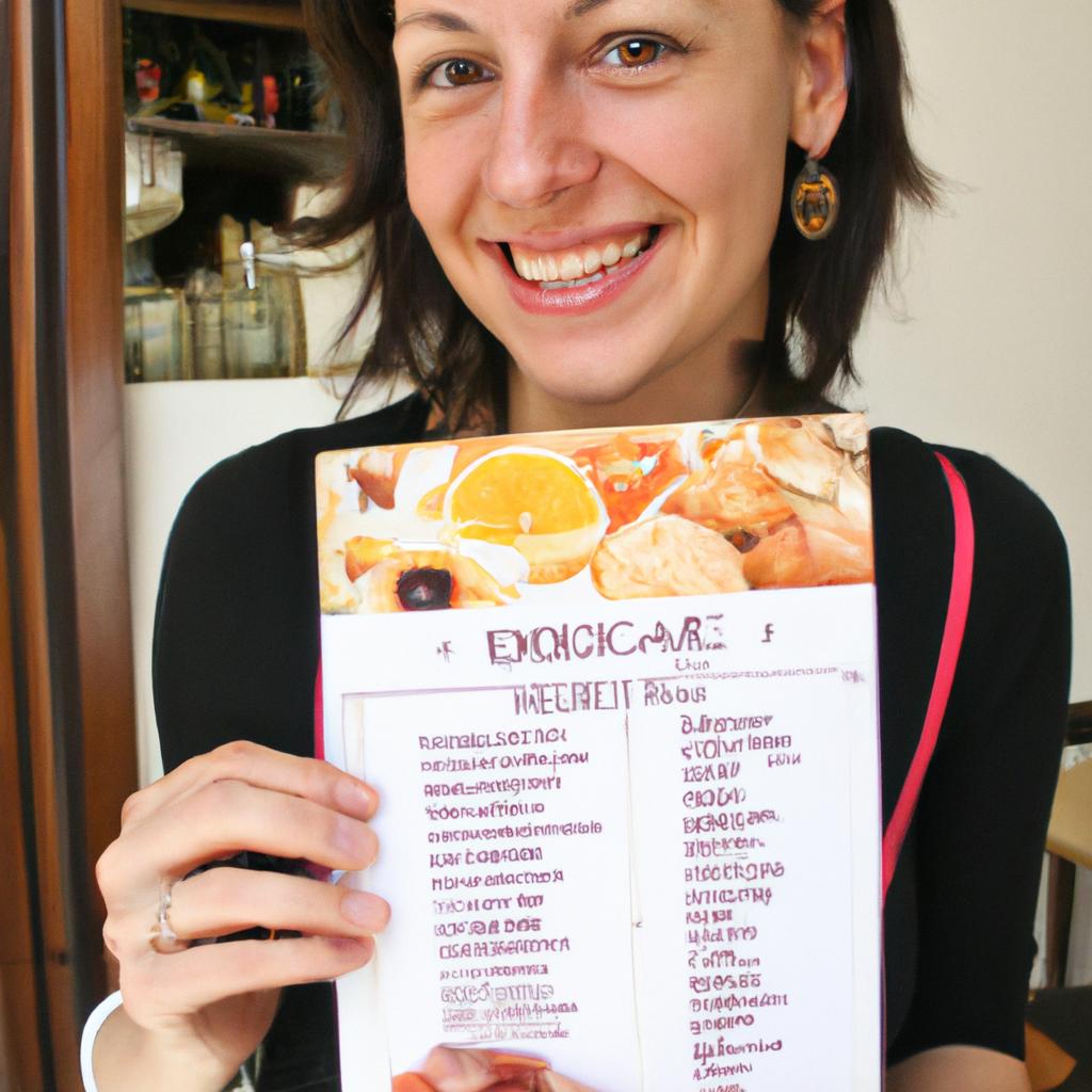 Woman holding breakfast menu, smiling