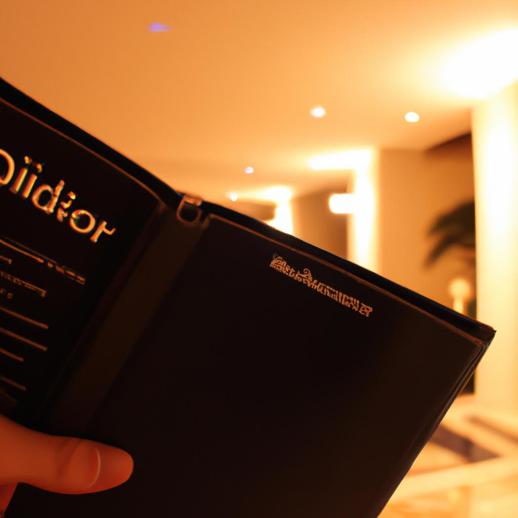 Person holding hotel directory, reading