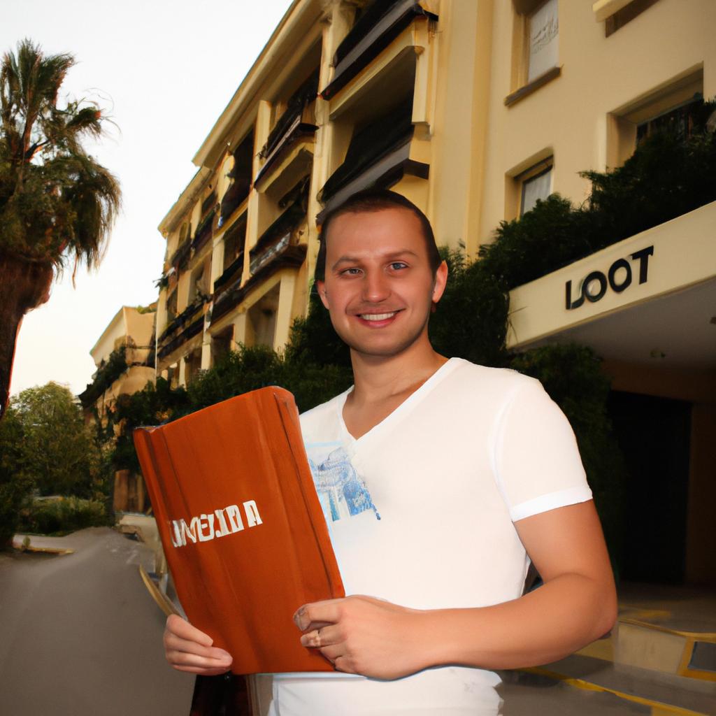 Person holding hotel directory, smiling