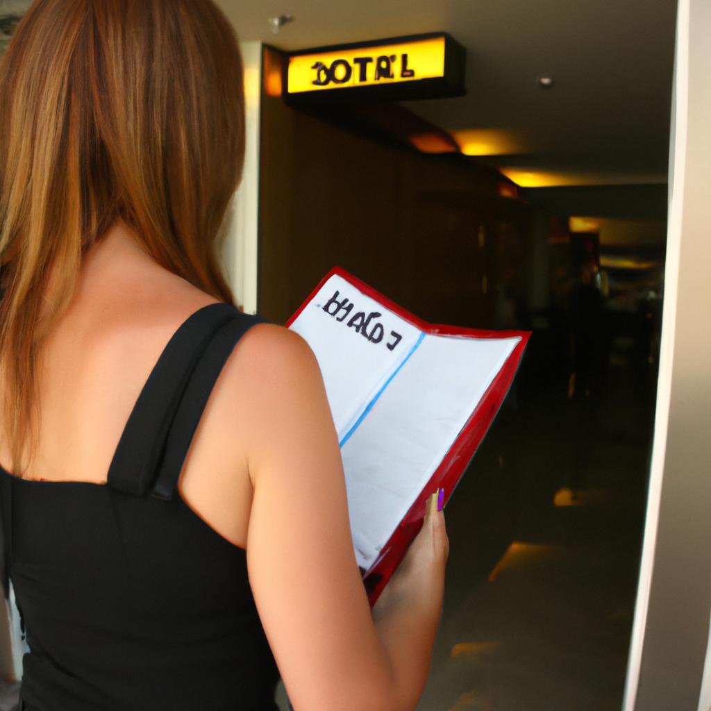 Woman holding hotel directory, waiting